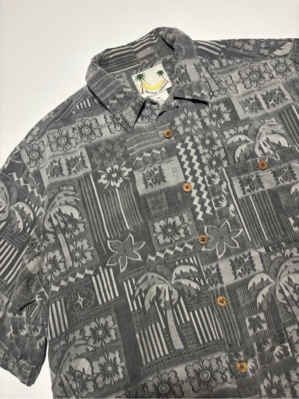 Banana Cabana Grey Vintage Vacation Silk Summer Button Down Shirt
